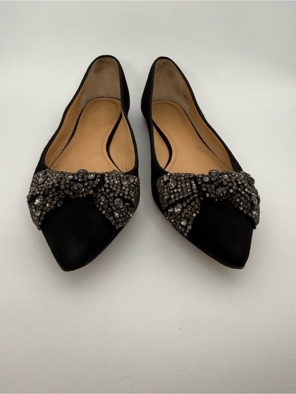 Tory Burch Vanessa Black Suede Pointed Toe Crystal -Bow Ballet Flat Sz 9.5 Prepp - Picture 4 of 17